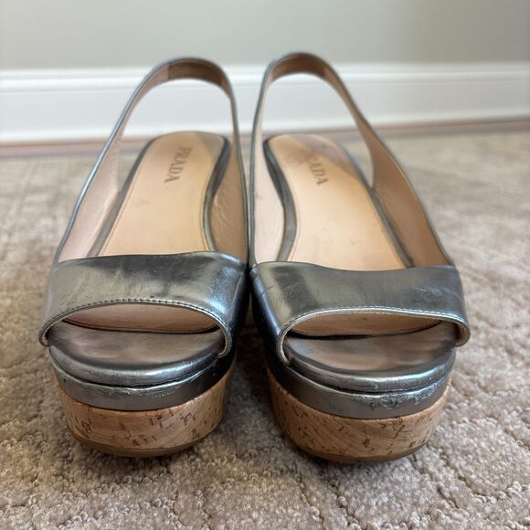 Prada Patent Leather Slingback Platform Wedge Sandal Womens 36.5 Silver Peeptoe - Picture 4 of 14